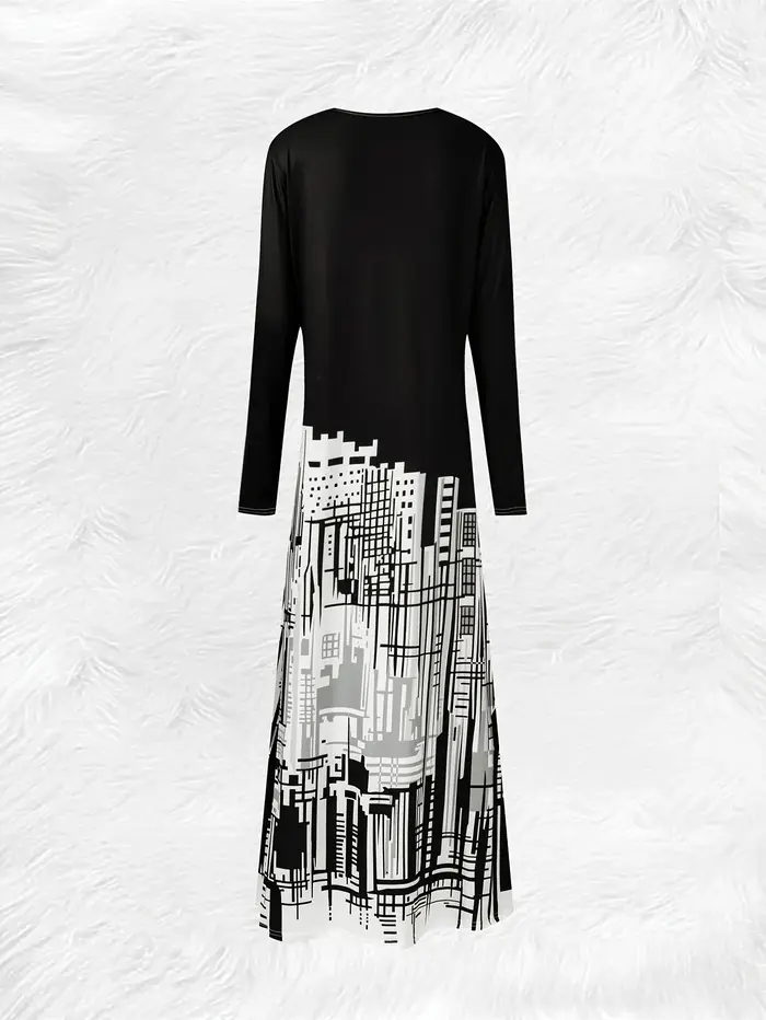 Robe élégante à imprimé abstrait à manches longues pour femme, tenue de vacances printemps-automne, tenue de bureau décontractée, robe mi-longue fluide à coupe trapèze