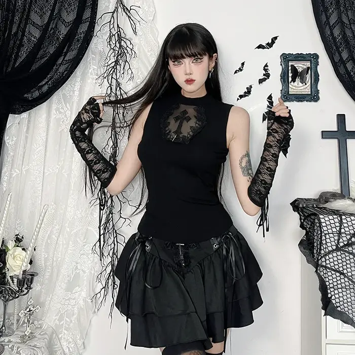 Goth foncé été réservoirs haut solide basique Techwear hauts femmes centre commercial gothique maille Patchwork croix gilet sans manches T-shirt Alt vêtements