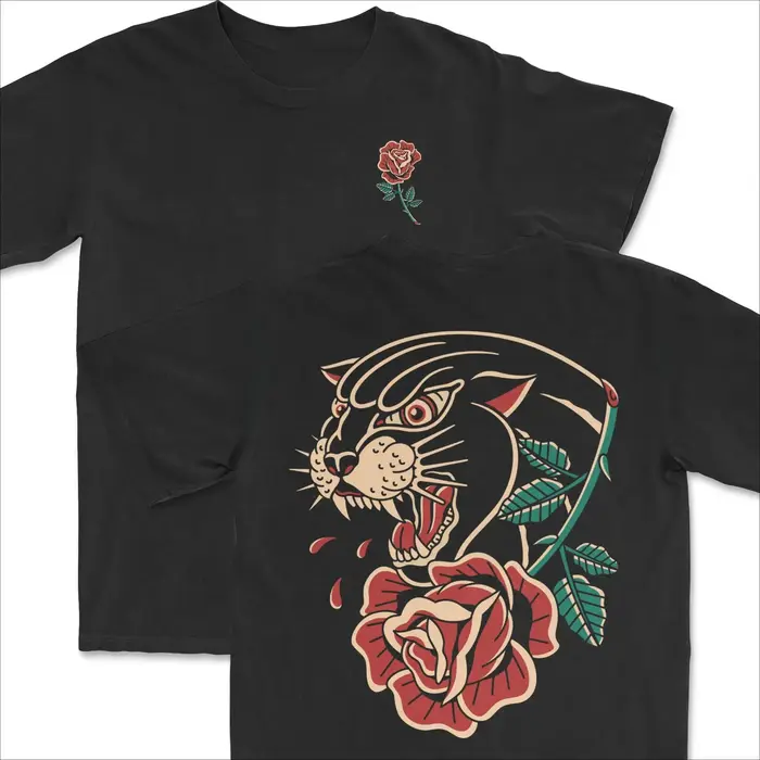 T-shirt unisexe surdimensionné en coton Y2K Streetwear avec motif double face tatouage panthère rose style old school été 2026
