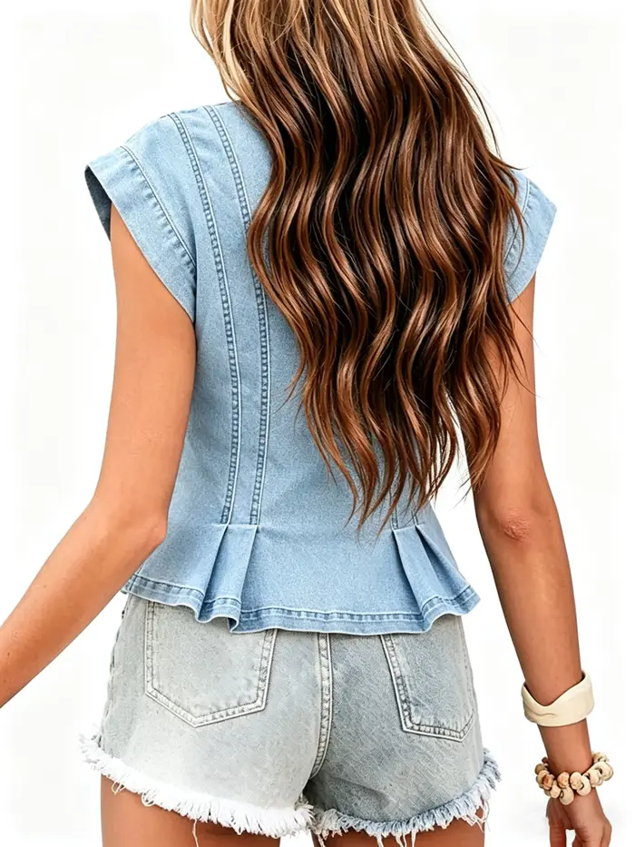 Débardeur en jean plissé sans manches pour femme, col en V, coupe ajustée, boutonné, style décontracté et tendance