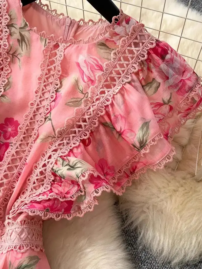 Femmes manches papillon plage Boho volants longues robes vacances d'été dentelle évider épissure magnifique fleur en
