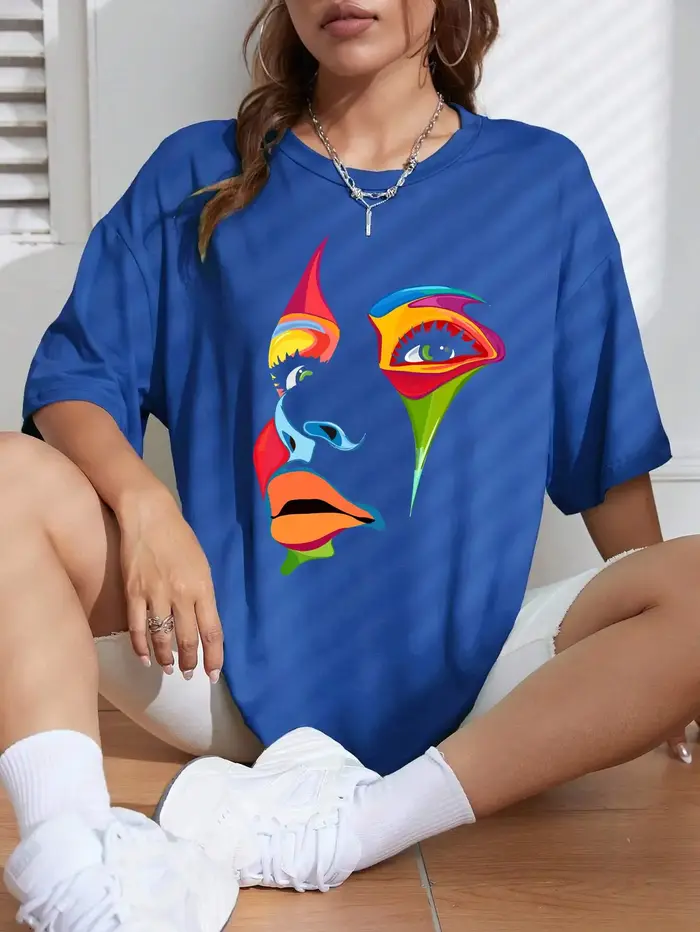 Peint dame visage personnalité Design impression T-Shirt femme rue confortable