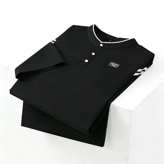 Polo à manches longues noir pour homme, col montant, patte de boutonnage, manches rayées, décontract