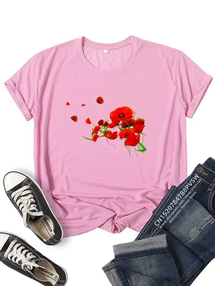 T-shirt imprimé drôle de fleurs rouges pour femmes