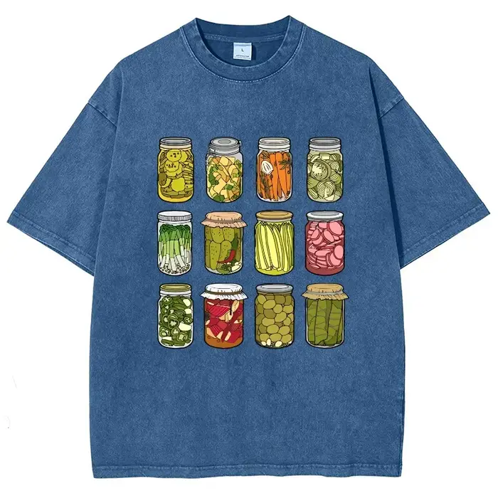 Dessin animé Kimchi imprimé T-shirt rétro lavé coton col rond manches courtes décontracté Design de mode unisexe haut basique