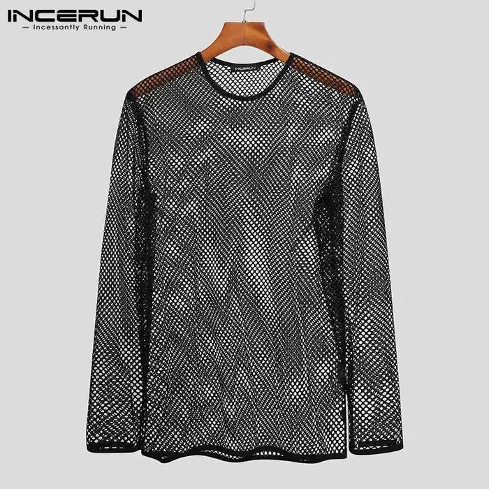 INCERUN-T-shirt à manches longues en maille transparente pour hommes, Économie à col rond, Streetwea