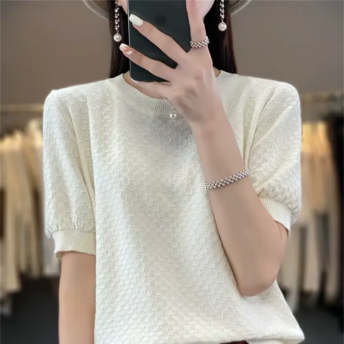 T-shirt d'été 100% coton pour femmes, pull à manches courtes, couleur unie, col rond, hauts pour dam