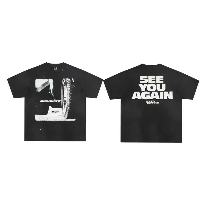 T-shirts Vintage Lavés « See You Again Furious 7 » pour Hommes et Femmes, Imprimé Pneu de Voiture Avant et Arrière, Coupe Oversize, Style Racing Streetwear Décontracté, Vente en Gros