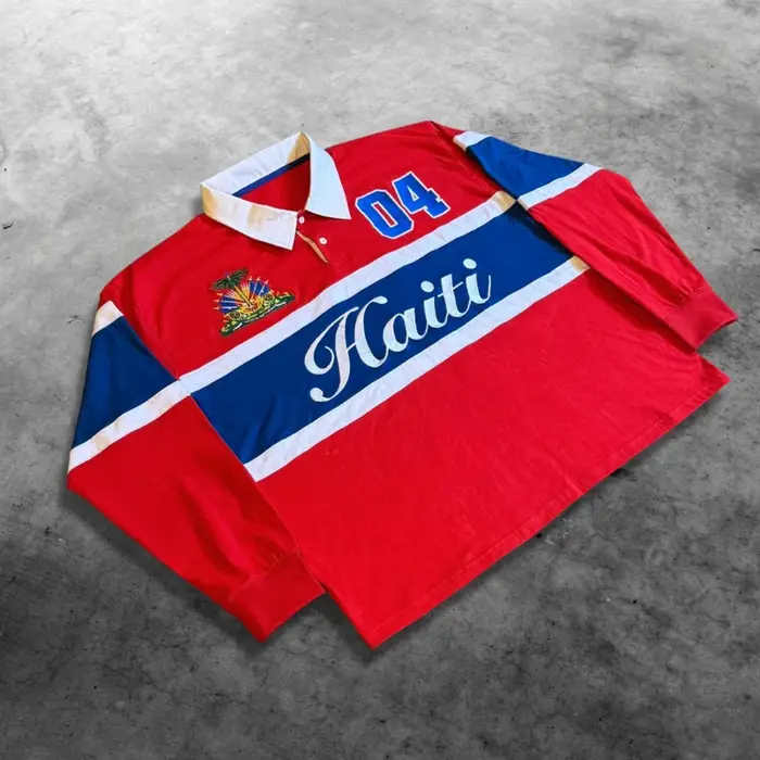 Polo vintage Y2K à manches longues, broderie haïtienne, rayures contrastées, style rugby haïtien, st