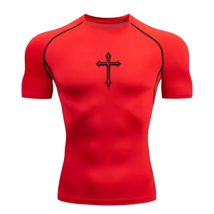 T-shirt de compression imprimé croisé pour hommes, T-shirt athlétique chrétien, hauts de sport, sous-vêtements de gym, de course, de musculation, sous-maillots, Rash Guard