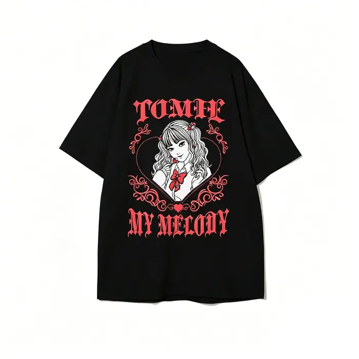 T-Shirt gothique Tomie x My Melody pour femmes, esthétique Kawaii Y2K, surdimensionné, noir et blanc