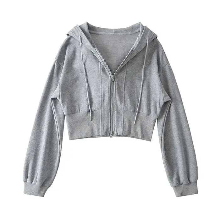 Sweat-shirt court à capuche double fermeture éclair pour femme