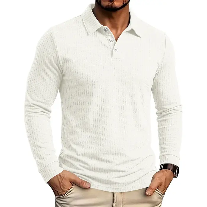 Polo à manches longues en tricot gaufré pour homme