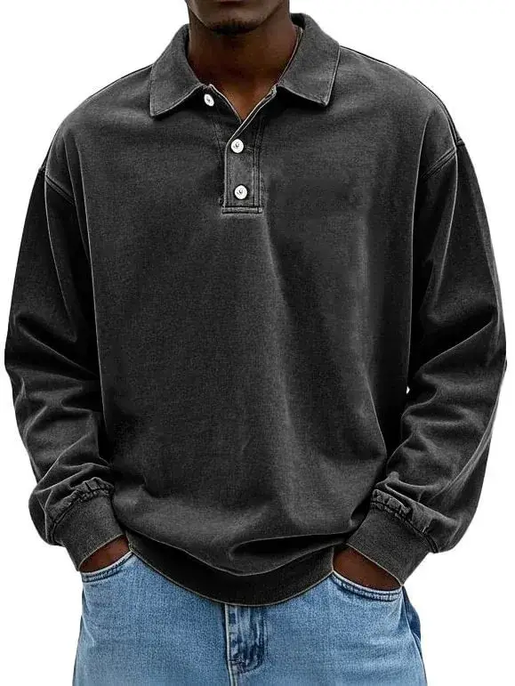 Nouveau T-shirt Polo Homme 2026 à Manches Longues, Effet Vieilli Lavé