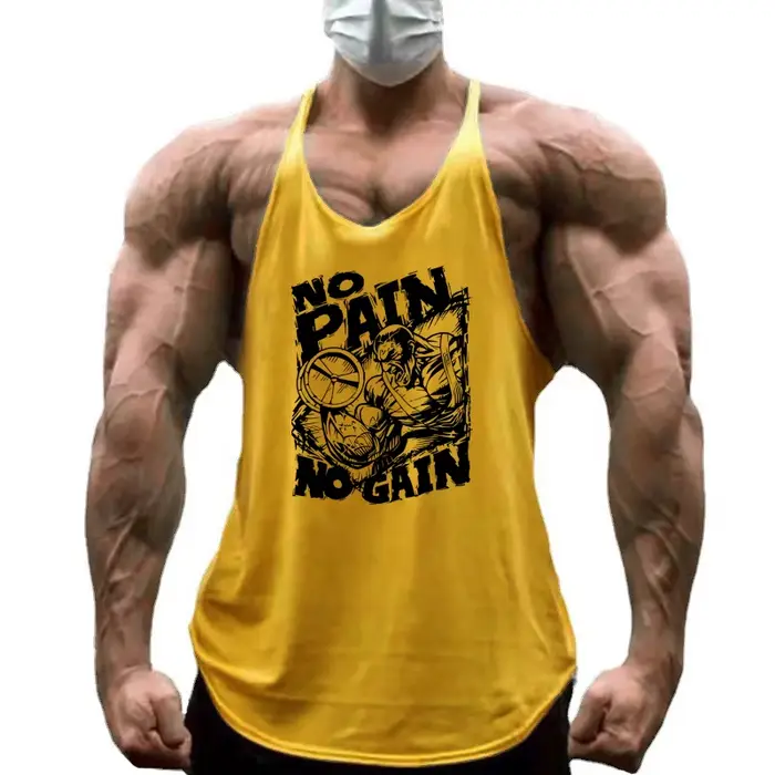 NO PAIN NO GAIN Imprimé Gym Fitness T-Shirt Hommes Musculation Sport Sans Manches Gilets Coton Respirant Y-back Bretelles Débardeurs