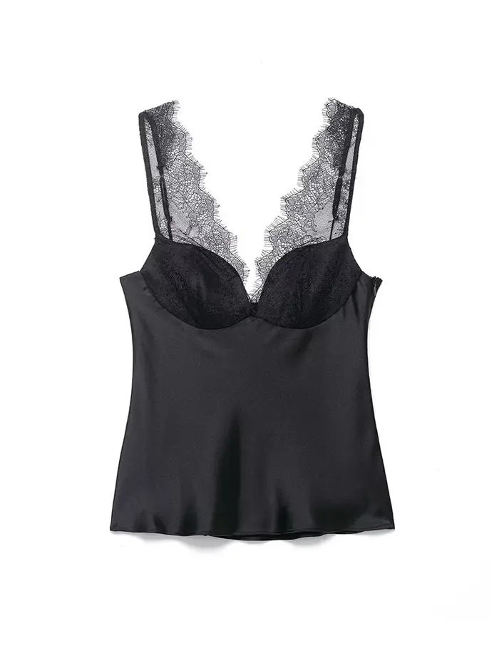 HH Femme Mode Décoration en dentelle Haut court uni Sexy Sans manches Dos nu Col en V Fermeture éclair latérale Texture satinée 3 couleurs Hauts d'été