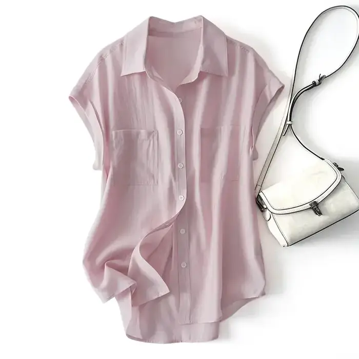 Vert solide décontracté col Polo simple boutonnage à manches courtes femmes Blouse chemise