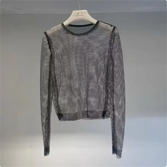 T-shirt pour femme en diamant fantaisie, haut à col rond à manches longues, avec strass brillants, c