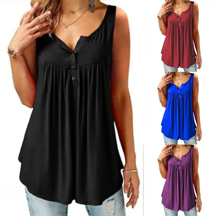 Femmes chaudes débardeur ample solide col en U femme Camisole sans manches plissé débardeur dames bouton 2020 été femmes gilet ample