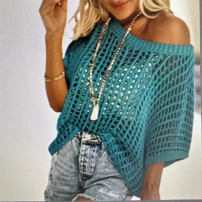 Pull-over sexy à manches trois-quarts ajouré pour femme, collection été 2024, idéal pour la plage, en maille tricotée