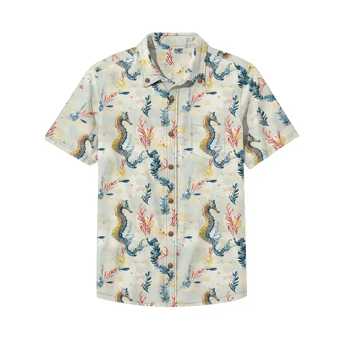 Chemise hawaïenne Aloha vibrante hippocampe et corail pour hommes