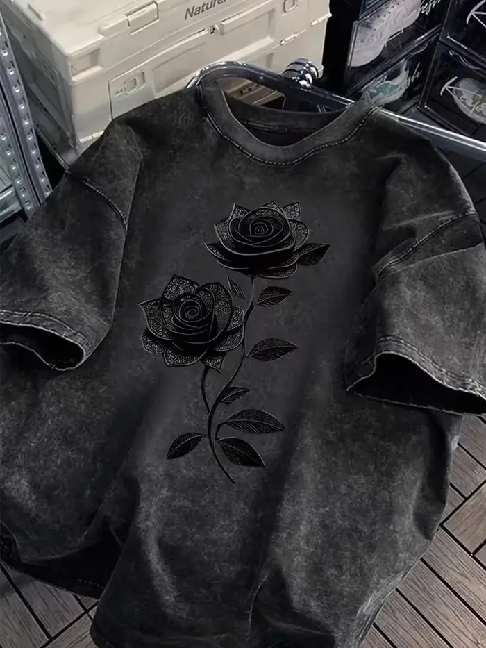 T-shirt noir imprimé rose graphique