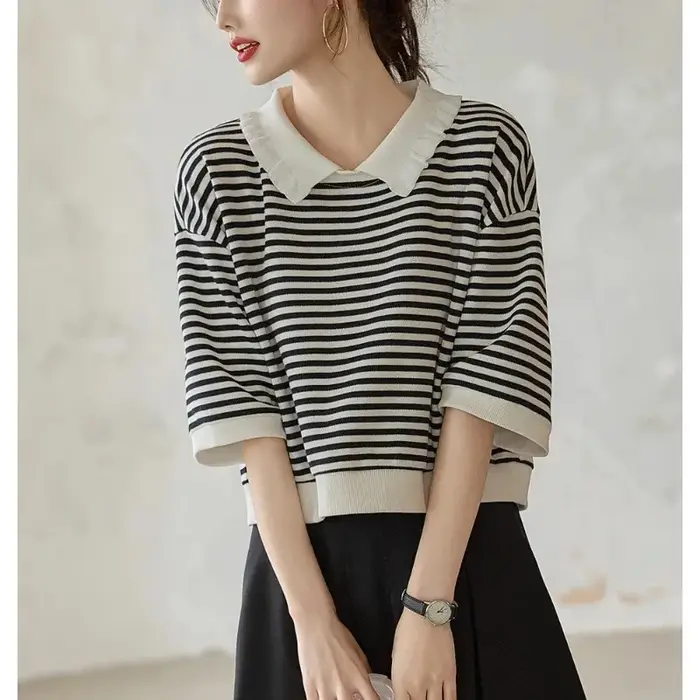 Polo rayé noir et blanc pour femme, manches 3/4, coupe ample, haut décontracté