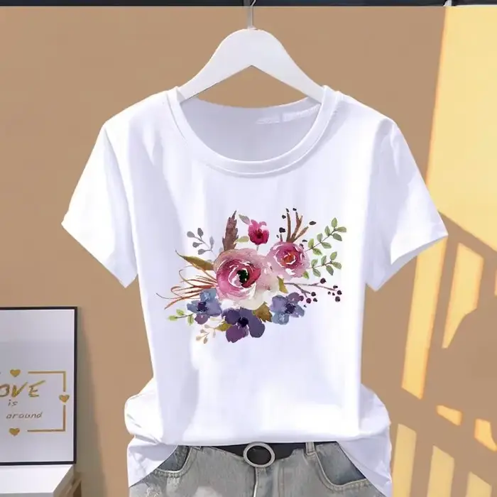 T-shirt manches courtes femme, décontracté, avec impression florale, à la mode, VPN, graphique