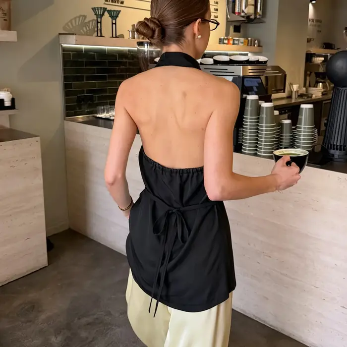 Haut débardeur halter PUAL, design à nouer sur le côté, chemisier décontracté sans manches à col montant, haut pour femme en tissu doux pour le quotidien