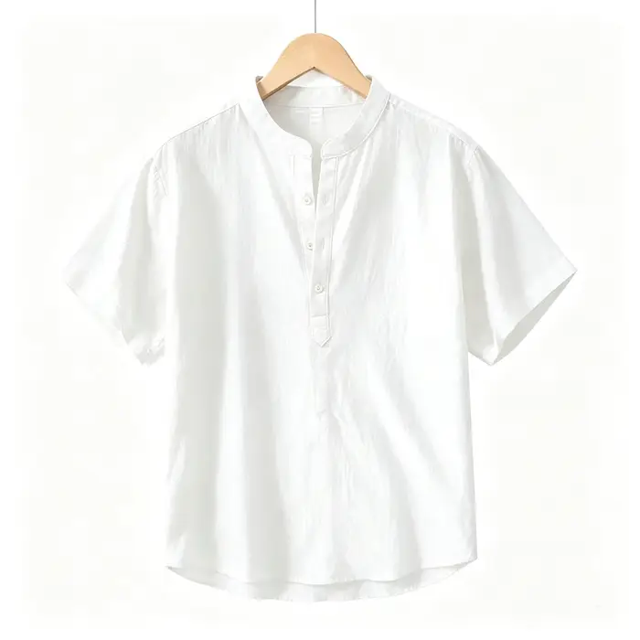 Chemise en coton et lin pour hommes, col Henley, poche, décontractée, plage, manches courtes, couleu