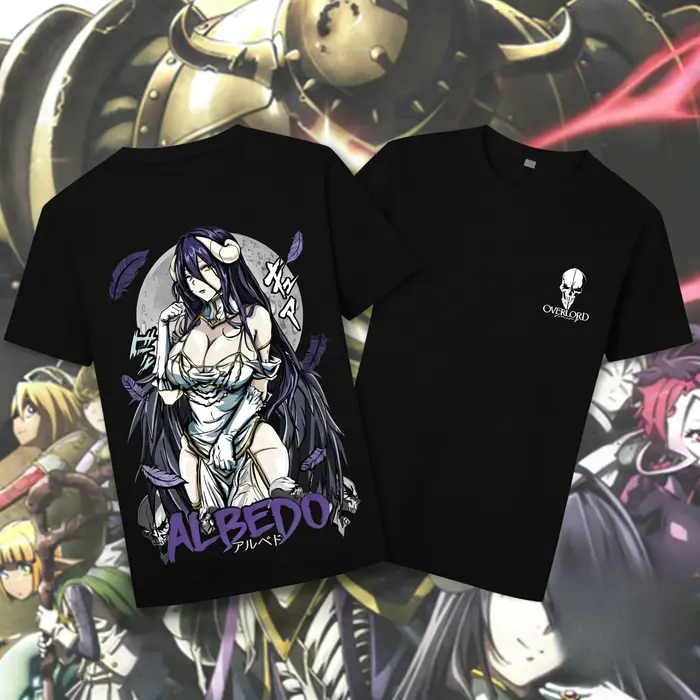 T-shirt Oversize Anime Overlord Été 2026, Impression Double Face Albedo avec Logo Crâne Overlord, Te