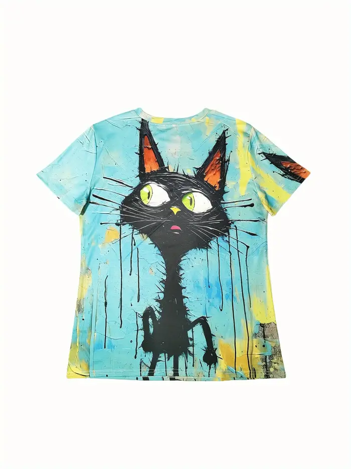 T-shirt femme Turquoise Pop Art Cat - Motif chat noir audacieux et effet goutte de peinture