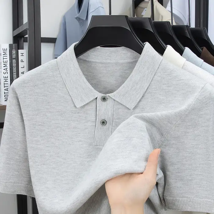 Polo en tricot de lin respirant de haute qualité 2026 – Hauts simples en maille unie pour hommes – Chemises pull en lyocell à manches courtes pour l'été