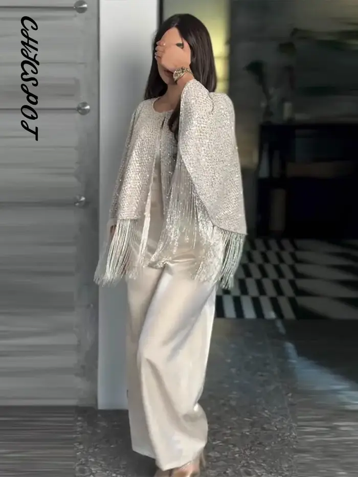 Tops châles oversize à sequins et franges pour femmes, col rond sexy, manches longues, brillants, coupe ample, capes chic pour soirées et clubs