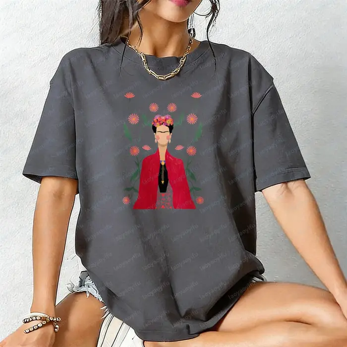 T-shirt en coton unisexe style bohème Frida Kahlo, motif floral artistique, élément floral, mode déc