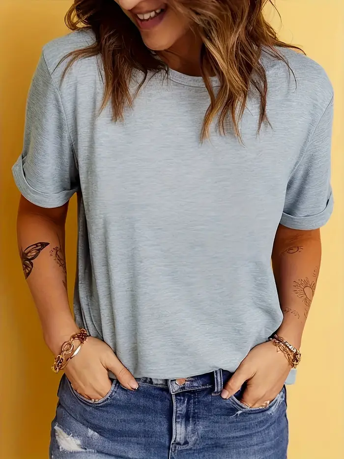 T-Shirt décontracté de couleur unie pour femmes, haut doux à manches courtes et col rond pour tenue