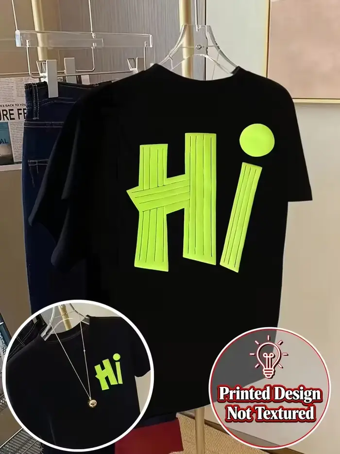 T-shirt imprimé vert fluo et rose, haut décontracté noir et blanc à manches courtes et col rond pour
