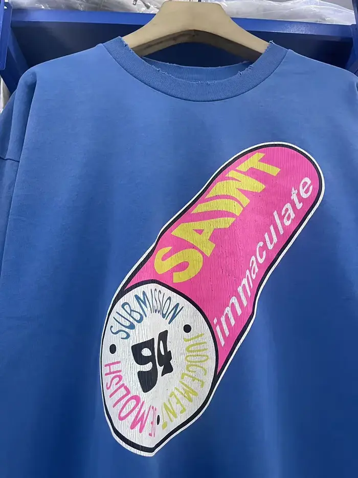 Pill Logo imprimé SAINT T-shirt à manches longues hommes femme bleu endommagé col rond décontracté Vintage ample coton printemps automne Streetwear