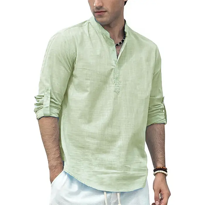 Polo à manches longues en coton et lin pour hommes, léger, col Henley, Style plage hawaïen, couleur
