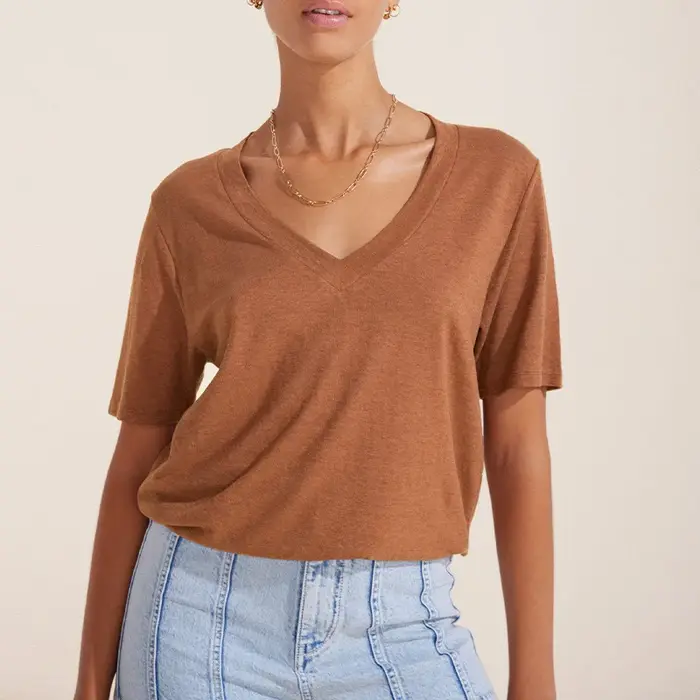 75% coton femmes T-shirt Sexy col en v à manches courtes t-shirts et chemisiers haut pour femme jeun