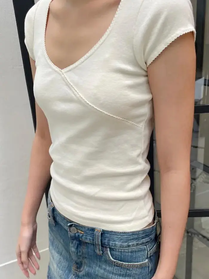ZOCI T-shirt vintage slim col en V en coton pour femme
