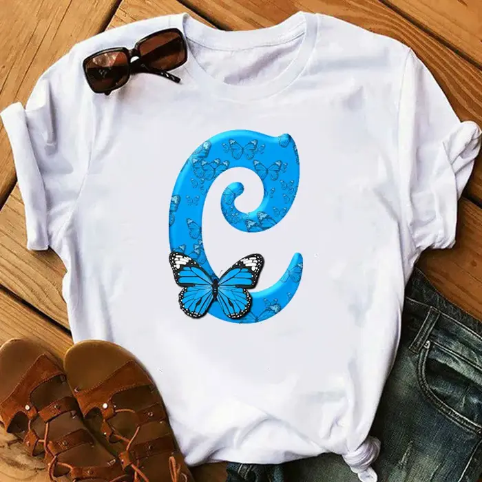 26 lettres anglaises papillon imprimé T-shirt à manches courtes femmes surdimensionné