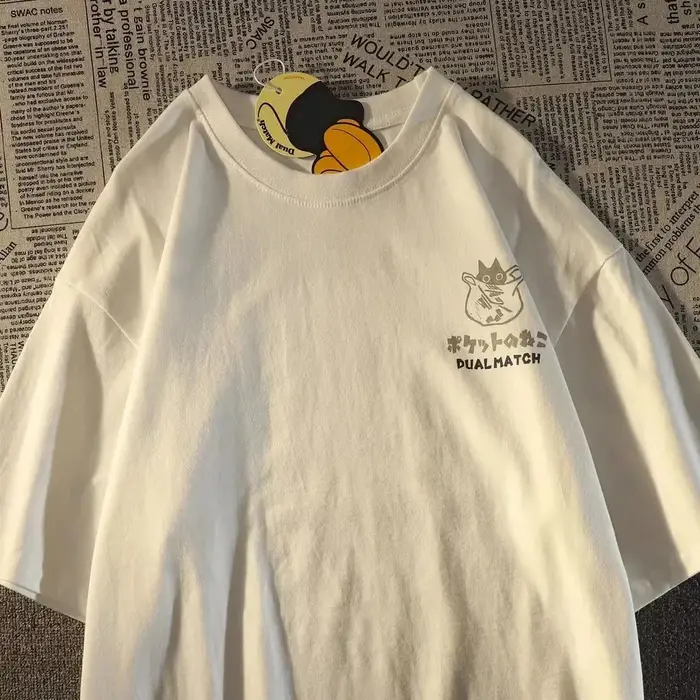 Été japonais rétro poche chat dessin animé imprimé à manches courtes T-shirt hommes femmes Couples u