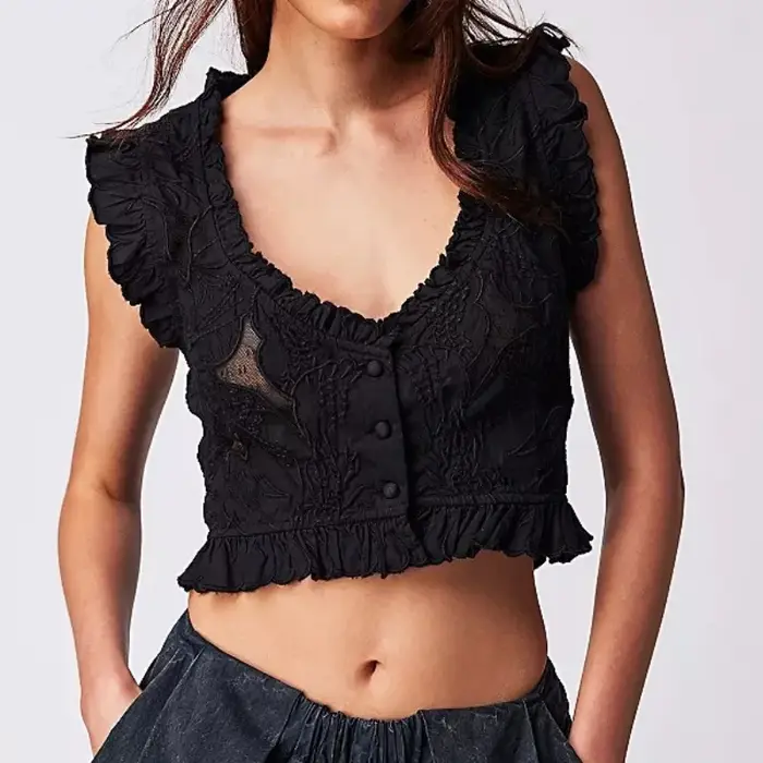 Débardeurs brodés pour femmes Y2K, crop top sans manches, gilet court à volants, hauts d'été rétro floraux, chemisier de soirée