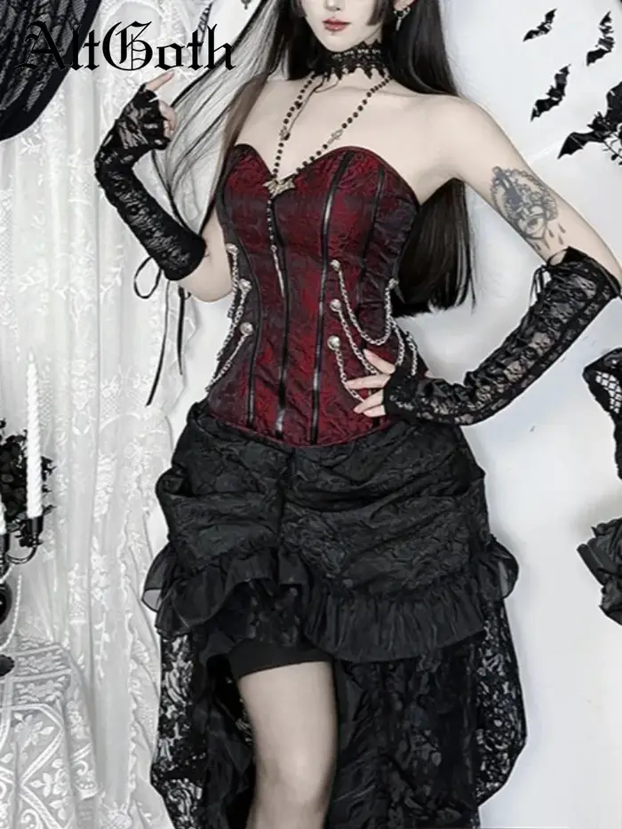 Cyber Punk gothique gilet femmes Vintage Streetwear Harajuku Y2k e-girl Emo Grunge chaîne Patchwork sans bretelles