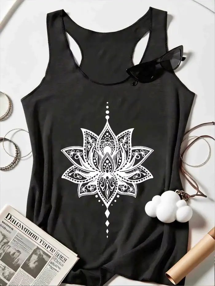 Chemise sans manches pour femme, ornée d'un motif lotus et de rayures diagonales au dos, un style dé