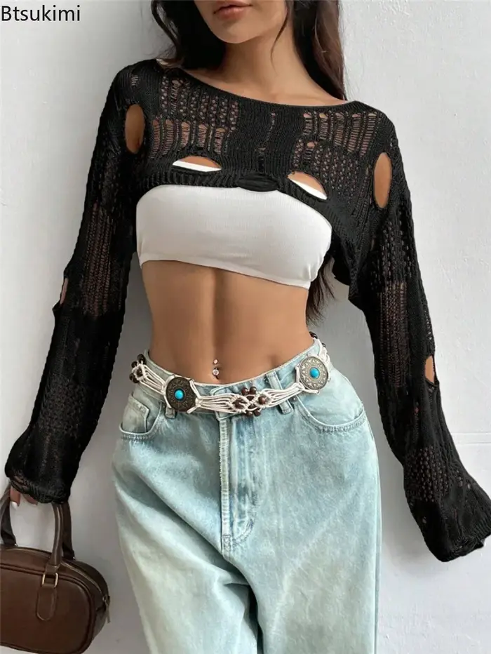 Femmes Sexy à manches longues voir à travers le crochet supérieur fleur trou creux tricoté Smock court pull femme