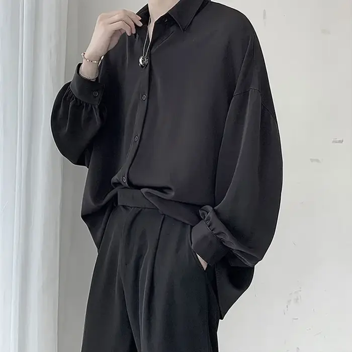 Chemises à manches longues pour hommes de Style coréen cravate noire confortable décontracté solide surdimensionné Blous