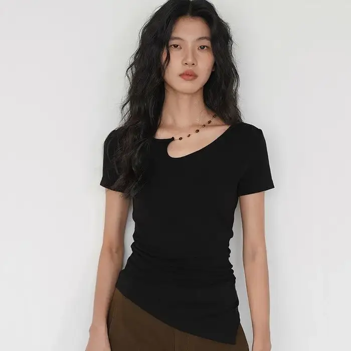 T-shirts Femme Noire 2026 – Tunique à Manches Courtes en Coton Y2K – Hauts Décontractés et Sexy pour