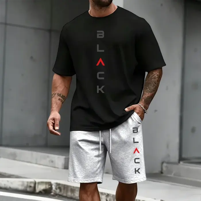Ensemble T-shirt et short imprimé lettres noires pour homme – Tenue décontractée sportive d'été à manches courtes – Mode urbaine Streetwear